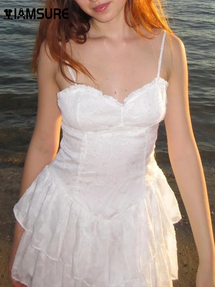 

IAMSURE Beach Style Slim Lace A-Line Dress French Style Holiday Solid V-Neck Sleeveless Mini Dresses For Women 2023 Summer Lady