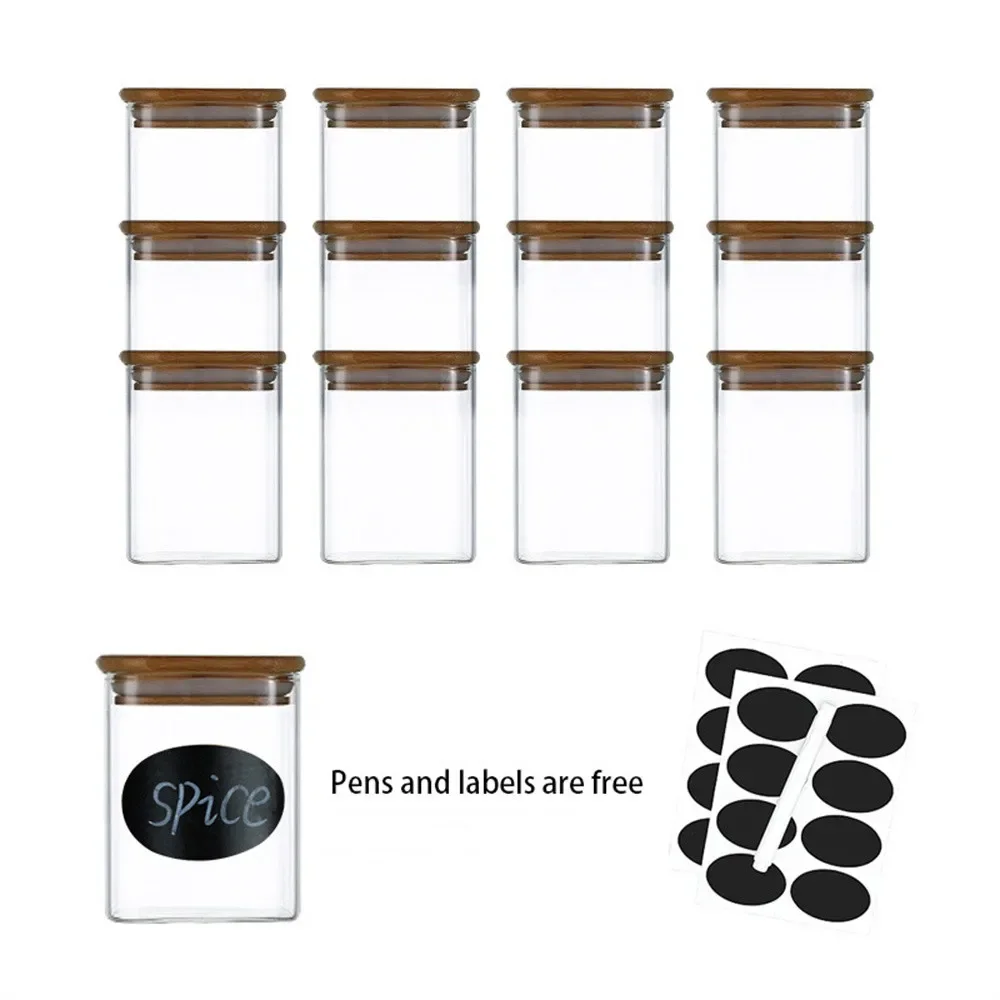 

With Jars Home Lids Bamboo Food Square Accessories Airtight Set Kitchen Spice For Glass Storage Labels 12pcs Containers Of