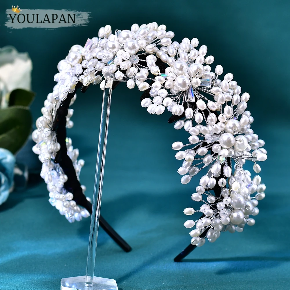 YouLaPan 럭셔리 진주 꽃 미끄럼 방지 신부 머리띠 AB 크리스탈 헤드 후프 웨딩 헤어 액세서리 파티 댄스 파티 HP723