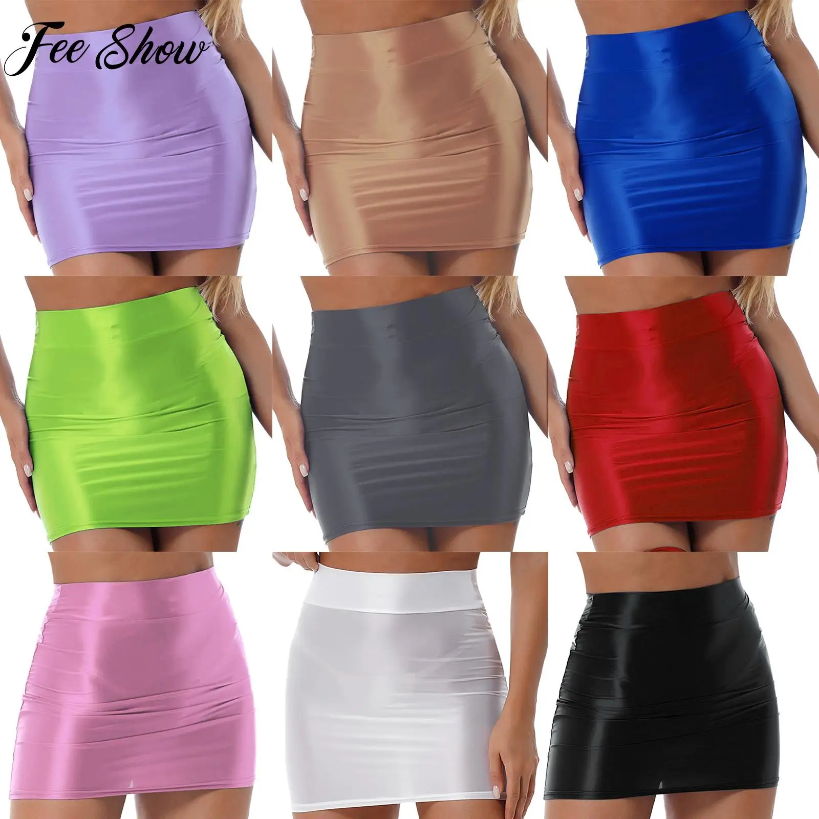 

Womens Glossy Pencil Skirt Solid Bodycon Skirts Casual High Waist Rave Party Clubwear Elastic Miniskirt for Stage Performance