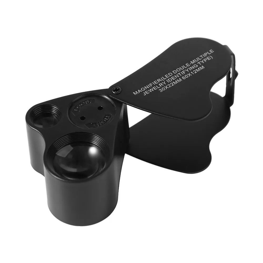 with Bright LED Light 30X 60X Illuminated Loupe Adjustable Lighting Flexible Foldable Jewelry Magnifier Hands Free Dual Lens