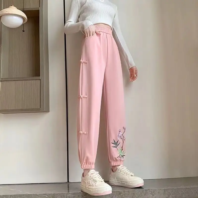 Chinese Style Solid Color Sporty Women's Spring Summer New Elasticized High-waisted Loose Button Pocket Embroidered Casual Pants