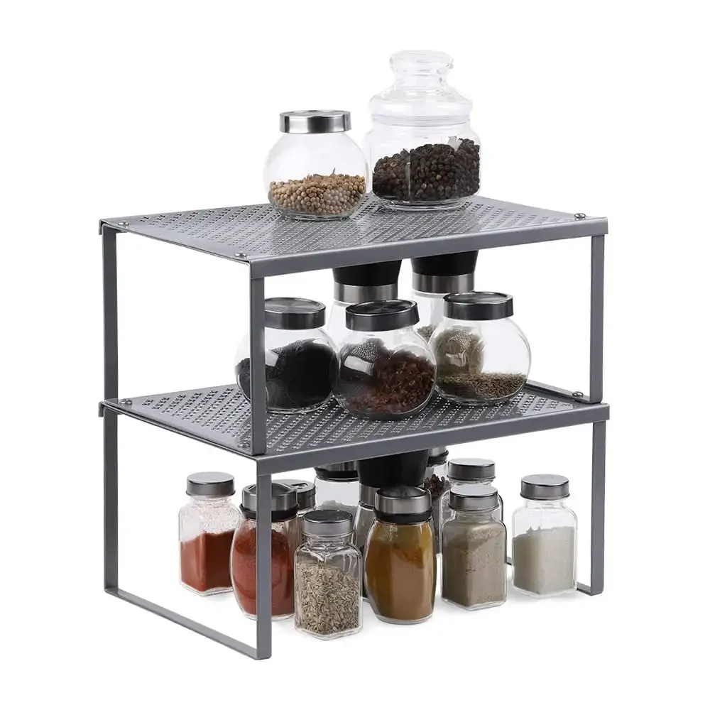 

Metal Kitchen Cabinet and Counter Shelf Organizer, Expandable & Stackable, Silver, 2-Pack by Oumilen