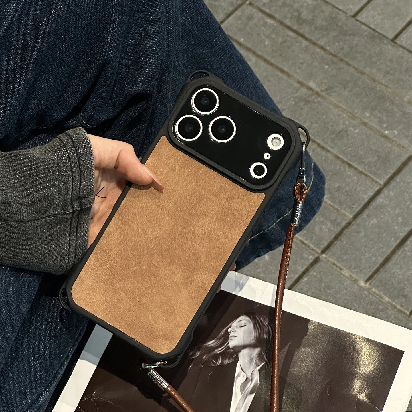 Elegant Long Leather Rope Phone Case with Shockproof Silicone