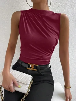 Women's Casual Mock Neck Ruched Tank Top Summer 2024 Solid Color Slim Fit Pleated Sleeveless T Shirt Tee Tshirt Streetwear 1