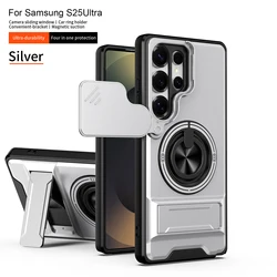 Premium Slide Camera Protection Phone Case with Upright Kickstand and Magnetic Shockproof Back - Samsung S24 FE (Silver)