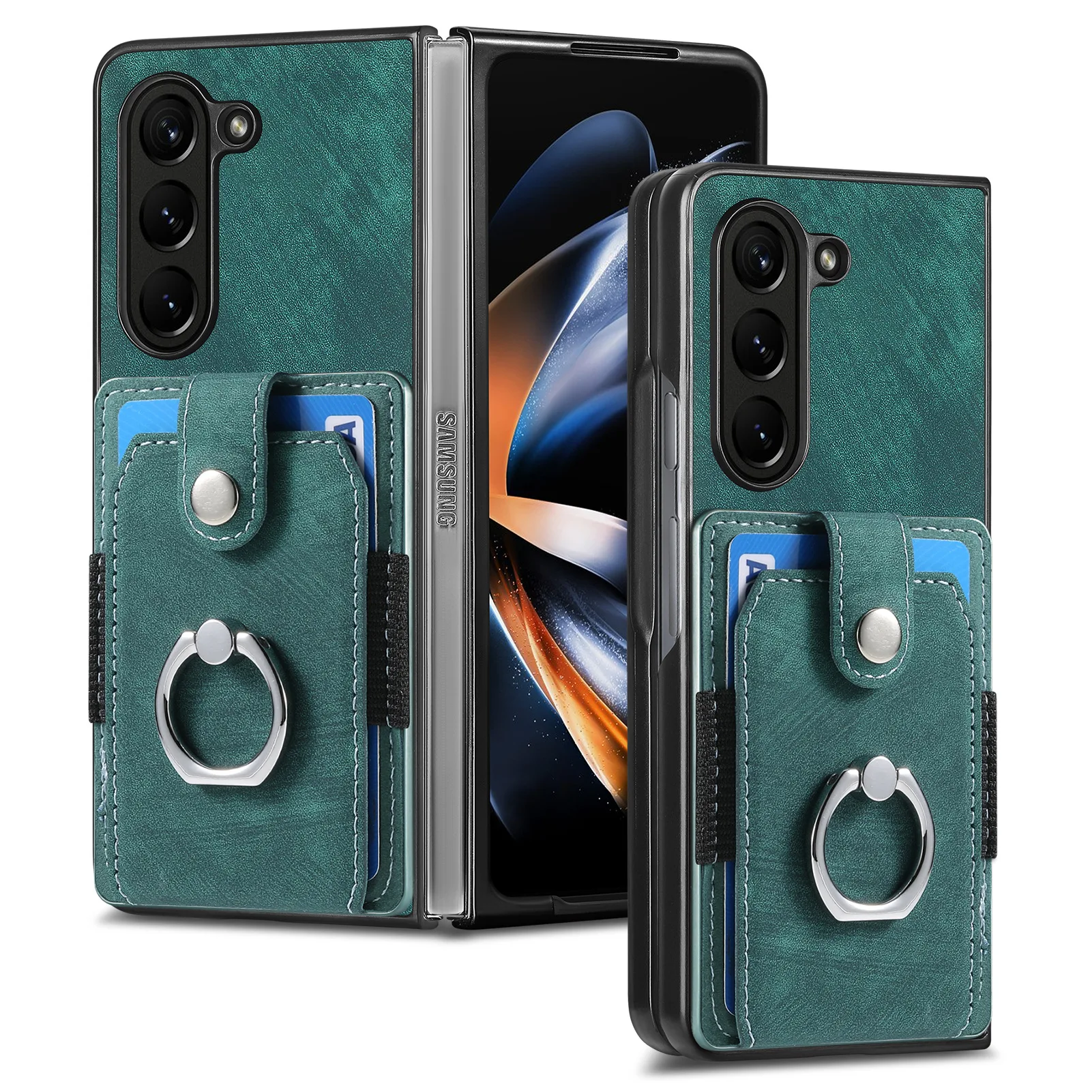 Retro Leather Ring Wallet Phone Case with Card Holder and Protective Cover