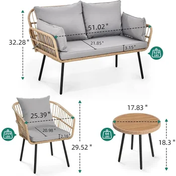 4 Pieces Patio Furniture Set, Outdoor All-Weather Rattan Conversation Set with Loveseat Chairs Table Soft Cushions for Backyard 5