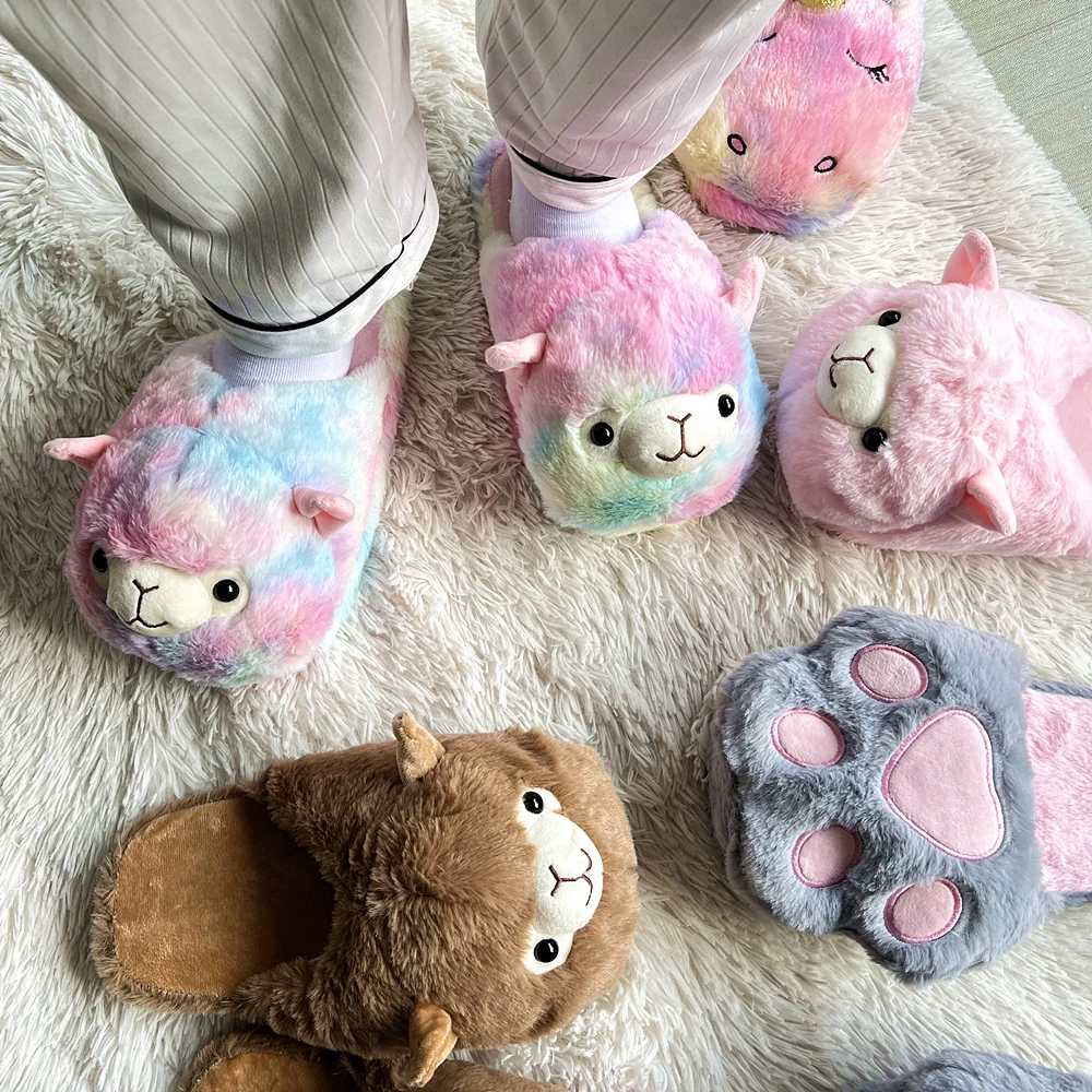 Cute Cartoon Alpaca House Women Fur Slippers Winter Warm Plush Parent Child Floor Slides Indoor Bedroom