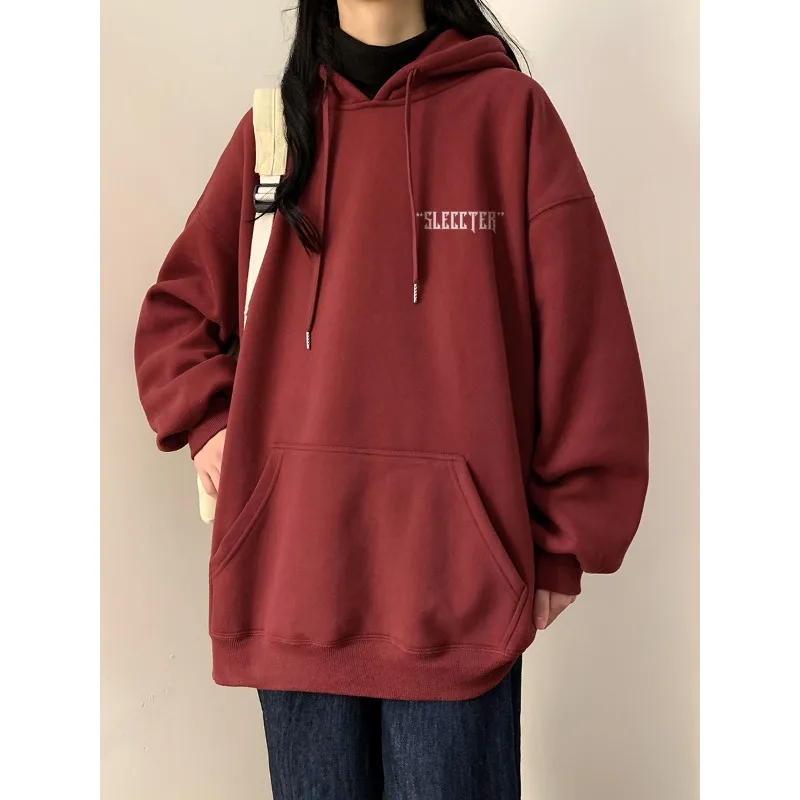 Spring Autumn Women's Pullover Hooded Drawstring Solid Pockets Letter Lantern Long Sleeve Sports Hoodies Vintage Fashion Tops