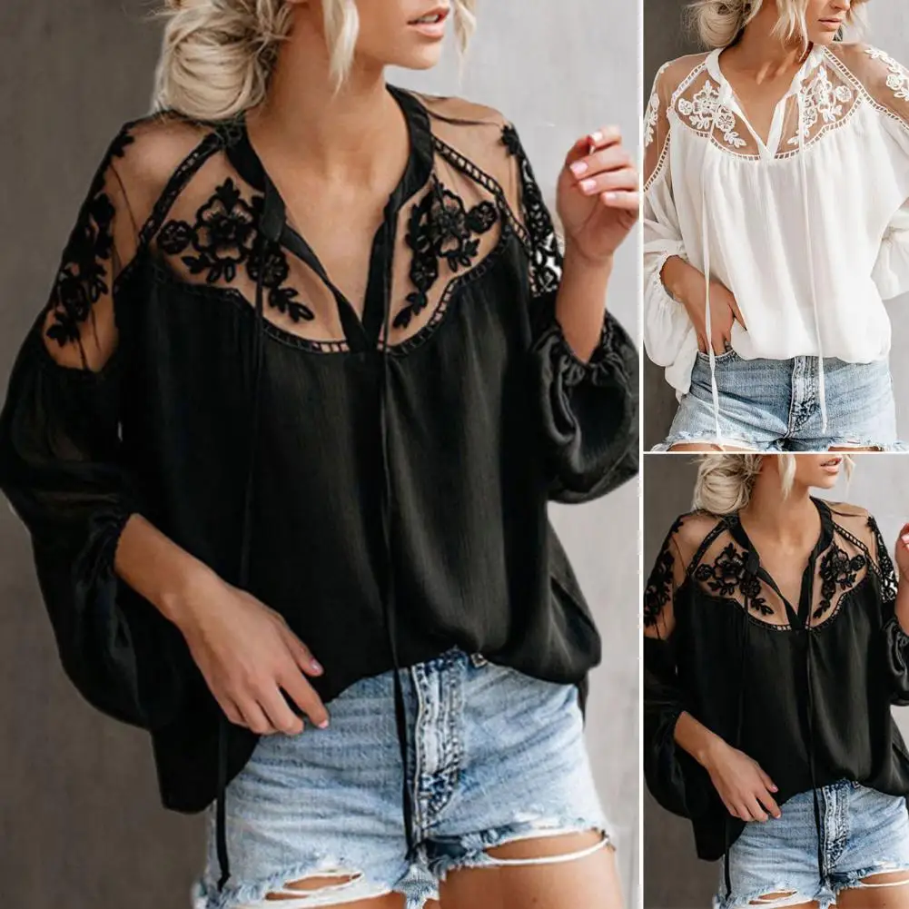 

Classic Regular Length See-through Lace Patchwork Casual Shirt Blouse Solid Color Comfy Pullover Top Female Clothing
