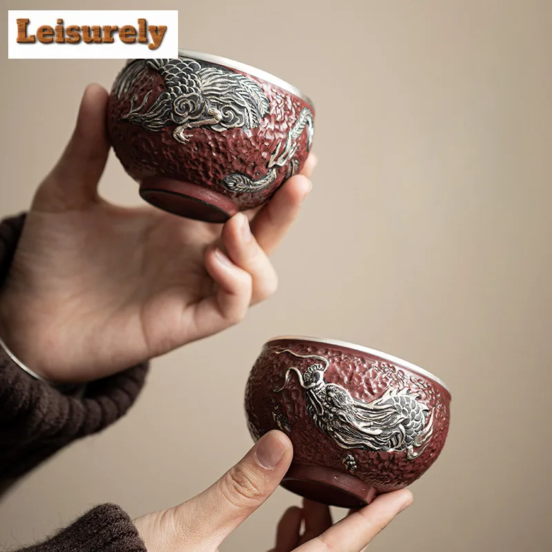 2pc/lot Palace Museum Red Ceramic Teacup Dragon And Phoenix Master Cup Couple's Tea Bowl Tasting Personal Chazhan Teaset 150ml