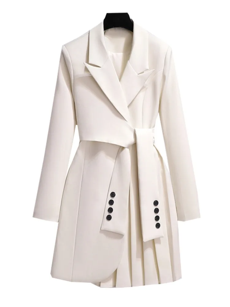 

Korea Chic Temperament Autumn 2022 New Blazer Women Female White Lace Up Waist Notched Long Sleeve Pleated Suit Dress Fashion