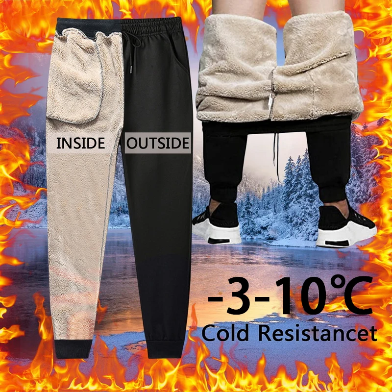 Men Fleece Warm Cargo Pants Plus Size Loose Print Plush Thermal