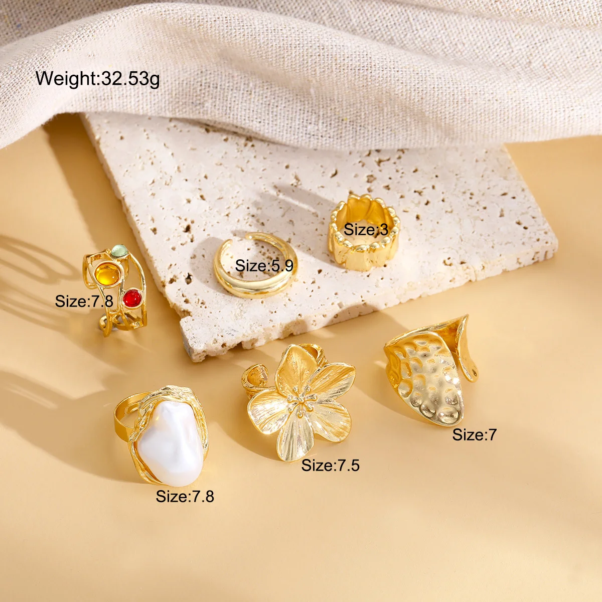 6 Pcs Punk Exaggerated Metal Finger Rings Set for Women Men Vintage Flower Pearl Crystal Europe America Open Ring Luxury Jewelry