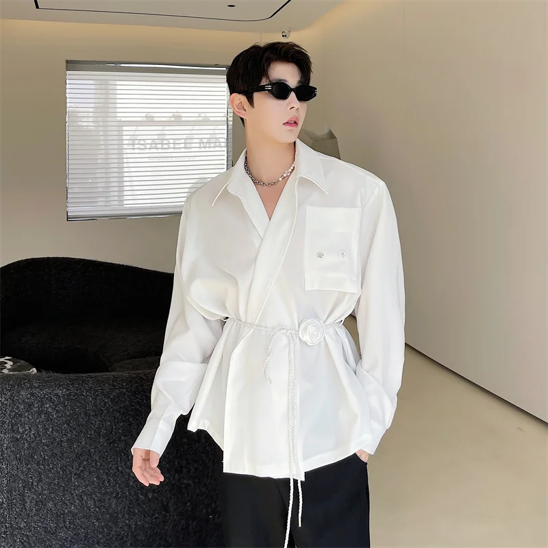 Senior Sashes Belt Men Trend Blouse Korean Kpop Elegant Shirts Dinner Party Club Banquet Tops Y2K Chic Vibe Ins Sexy Streetwear