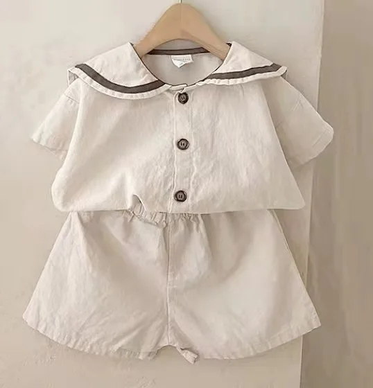 Baby Boy Fashion Single Breasted Sailor Collar T-shirt Toddler Solid Short Sleeves Tops And Girl Loose Cotton Shorts 2pc Set baby clothes in sets	 Baby Clothing Set