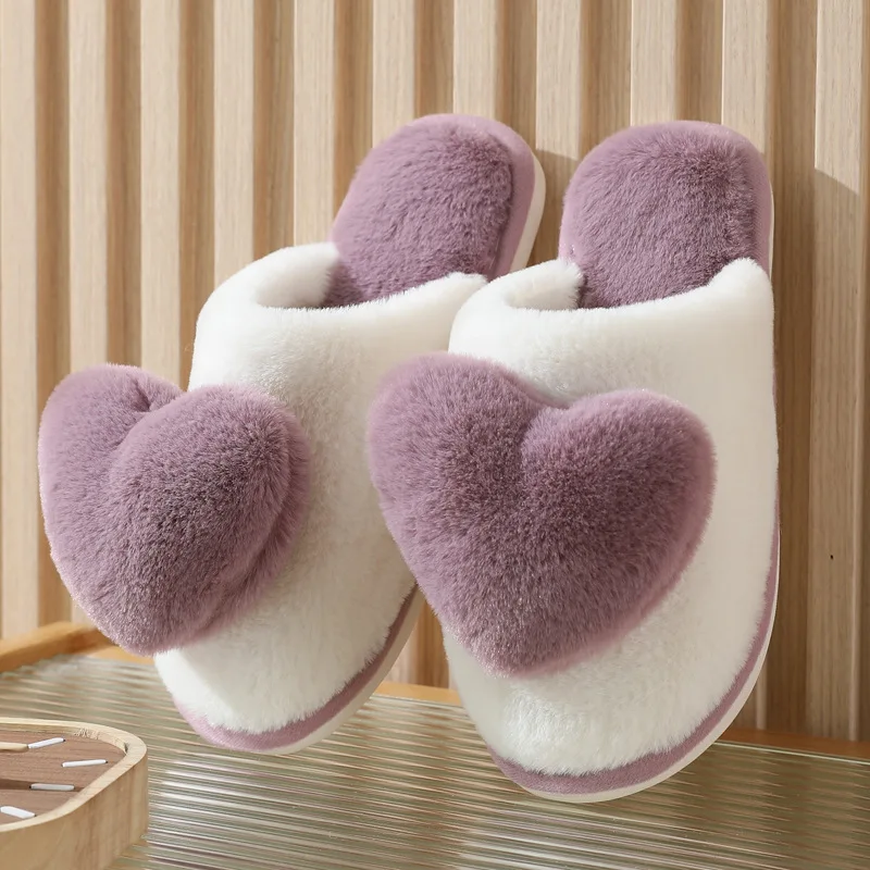 Winter Warm Heart Pattern Cotton Slippers Women Indoor Casual Comfortable Sandals
