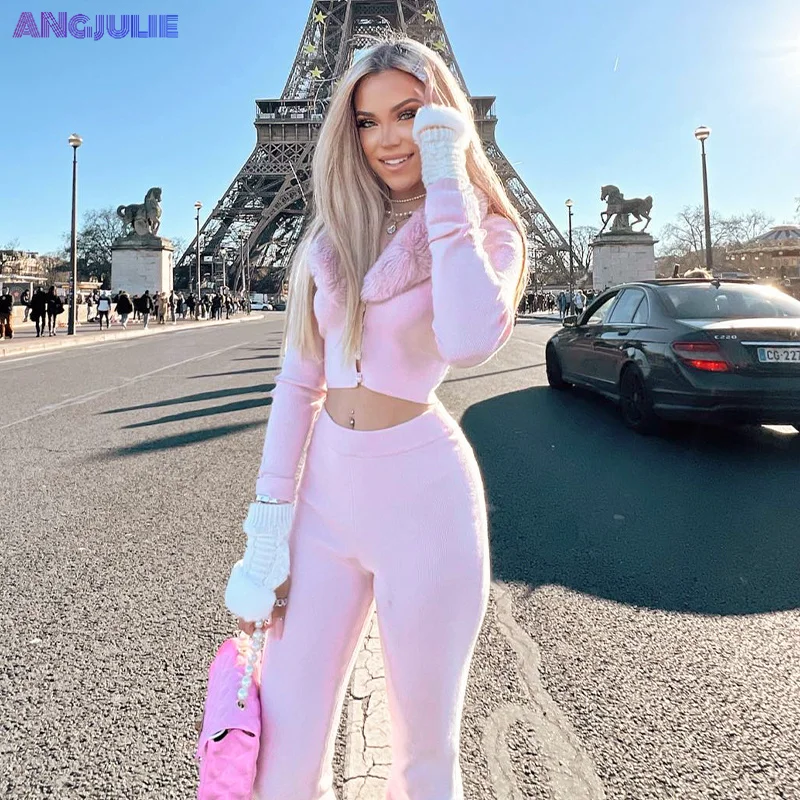 

Одежда Angjulie 2000s, Элегантные новые комплекты, однобортный Топ с меховым воротником и длинными рукавами + брюки с высокой талией