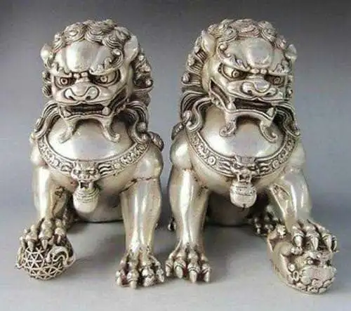 15.5cm Chinese Silver Bronze Fu Foo Dog Guardian lion Statue Pair 