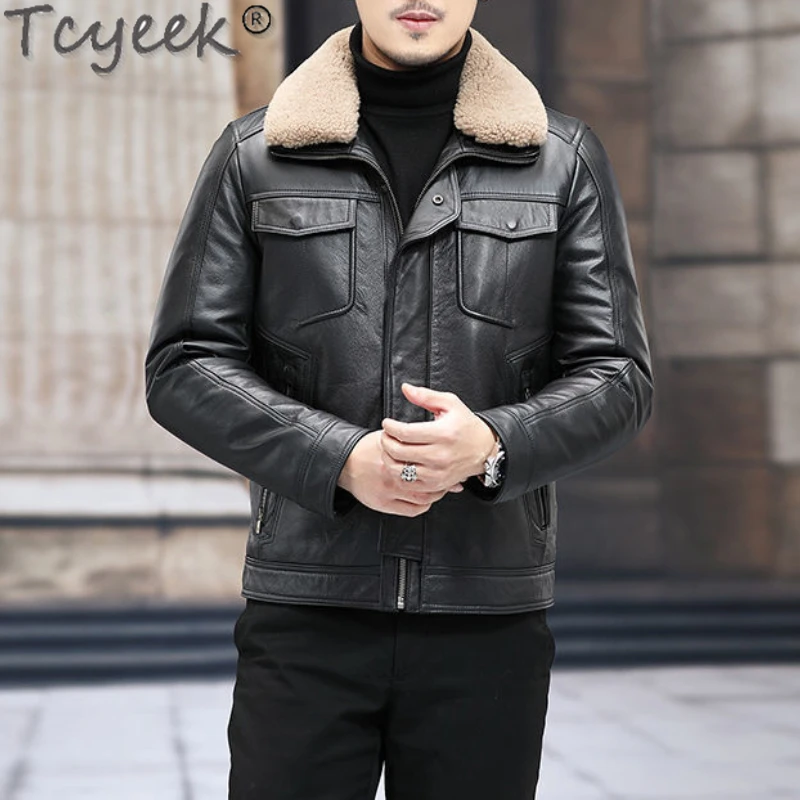 

Tcyeek Men's Genuine Leather Jacket Cowhide Thicken Warm Short Down Jacket Men Winter Black Jackets for Men Clothing Chaquetas