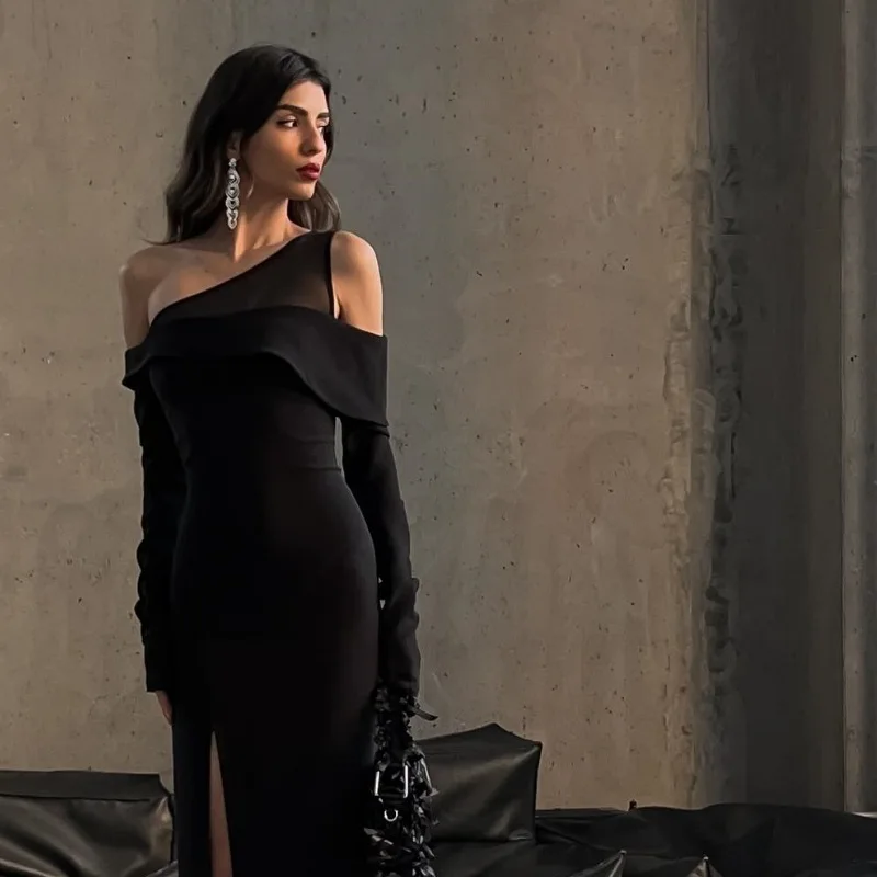 Elegant Mesh Patchwork Women Dress Fall New Sexy High Split Bodycon Long Sleeve Party Evening Dress Slim Vestido