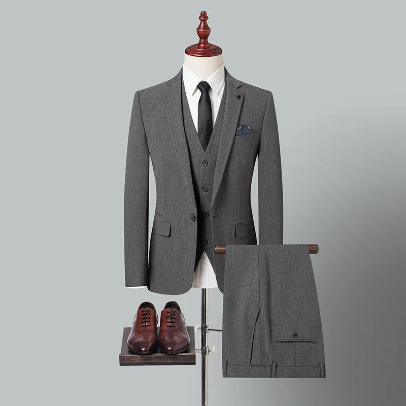 

Boutique Men Suits Groom Wedding Dress Suit 3 Piece Set Blazer+Pants+Vest Elegant Fashion Gray Stripes Formal Business Male Sets