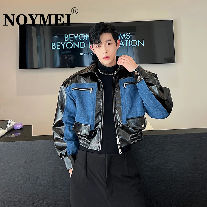 

NOYMEI Denim Patchwork Silhouette Men's Short Jacket Contrast Color Fashionable Korean Style 2024 Autumn New Male Coat WA2807