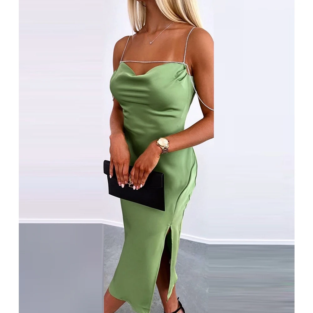 

Wepbel Green Sexy Dress Women Summer Swing Collar Sleeveless Split Dress Solid Color Low Cut Sheath Bodycon Midi Dress