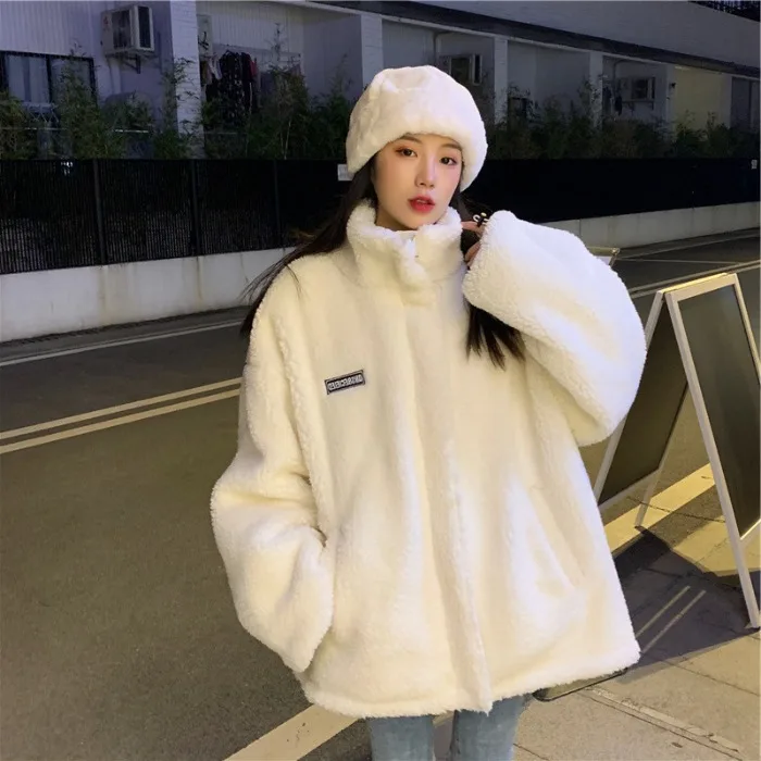 Pure Color Wool Coat Woman Made of Lambswool Winter Stand-up Collar Loose Warm Casual Jacket Retro Thick Harajuku Ladies Jacket