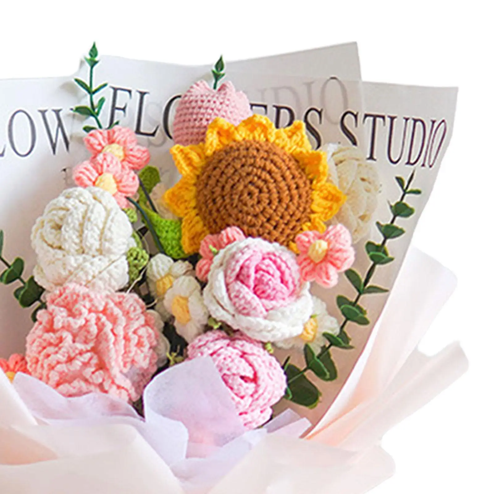 Crochet Flower Bouquet Mother`s Day Decor Knitted Artificial Flower for Girlfriend Valentine`s Day Festival Anniversary Home