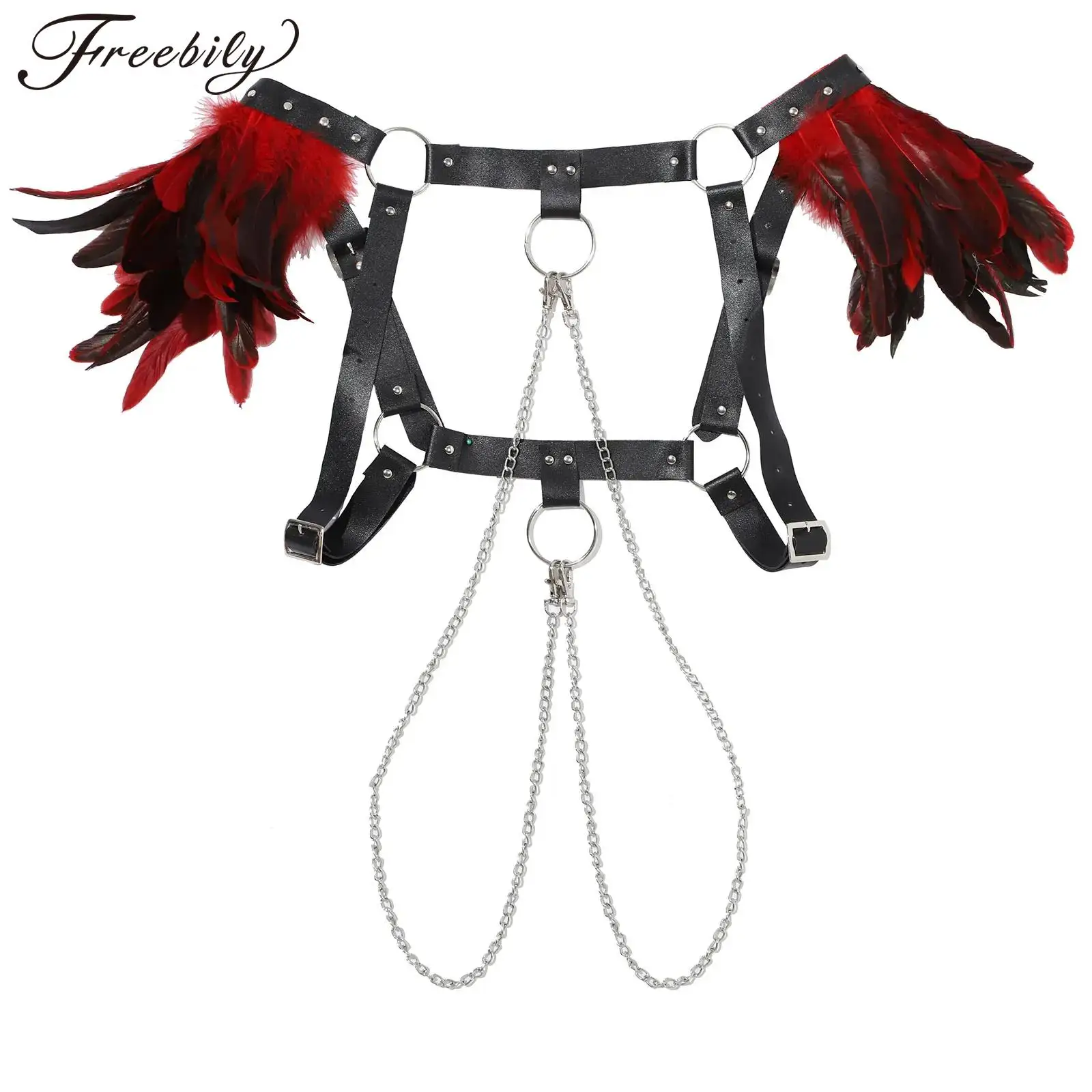 Adult Halloween Leather Body Chest Harness Feather Shoulder Shawl O-Ring Metal Chain Body Belt Sexy Gothic Costumes Accessory