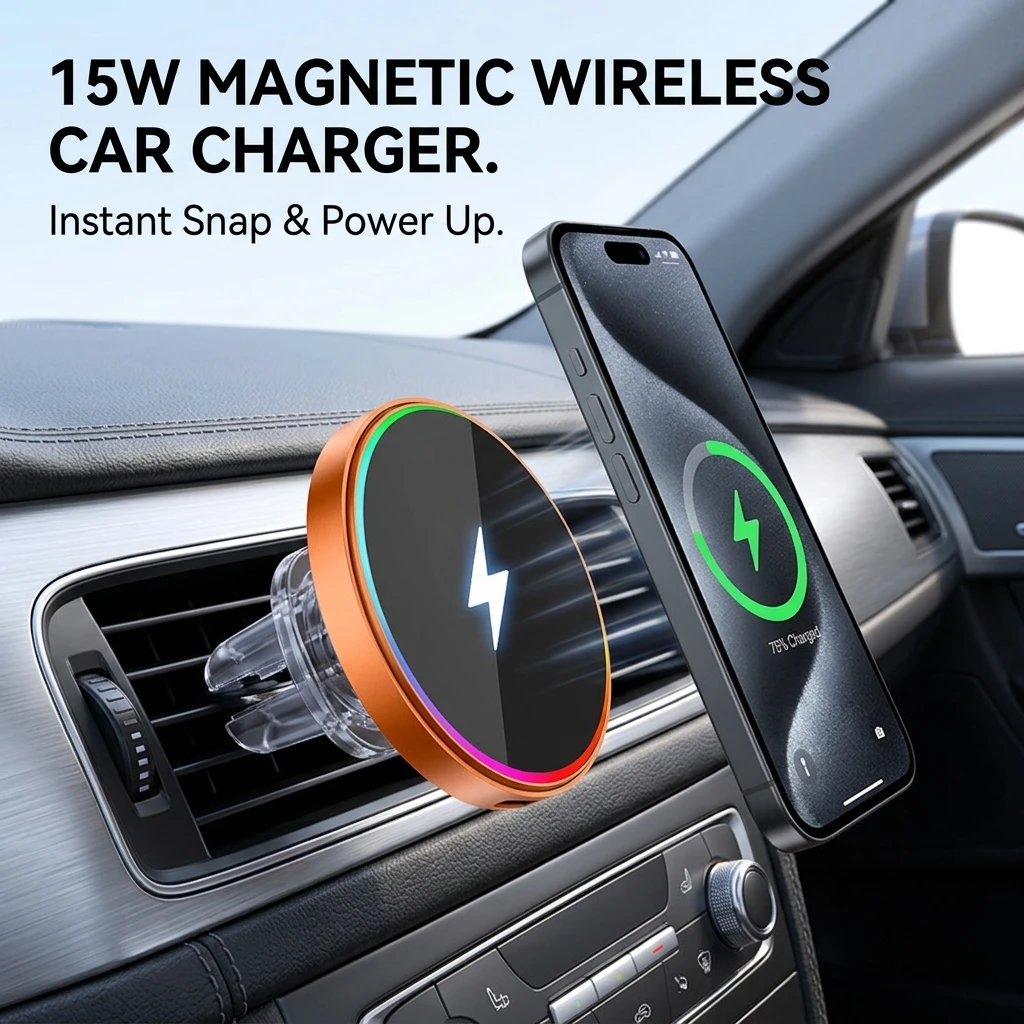 Magnetic Wireless Car Charger with Fast Charging and 360° Rotating Universal Mount
