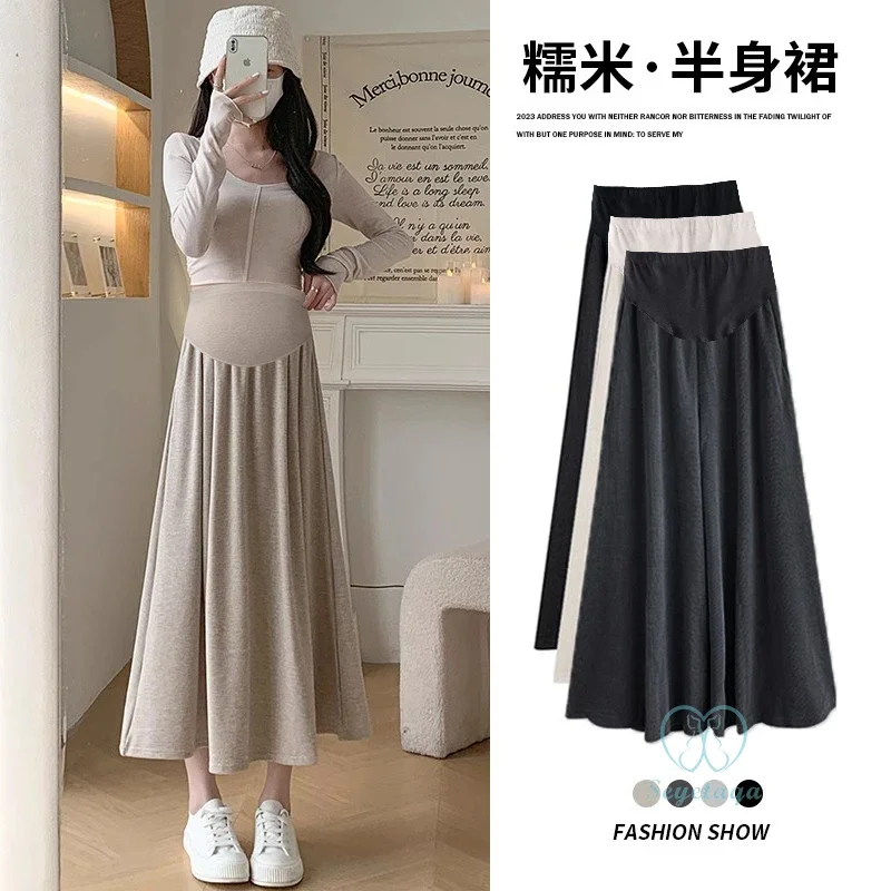 A Line Big Bottoms Maternity Skirts Spring Fashion Casual Elastic Waist Belly Clothes for Pregnant Women Baby Care Pregnancy