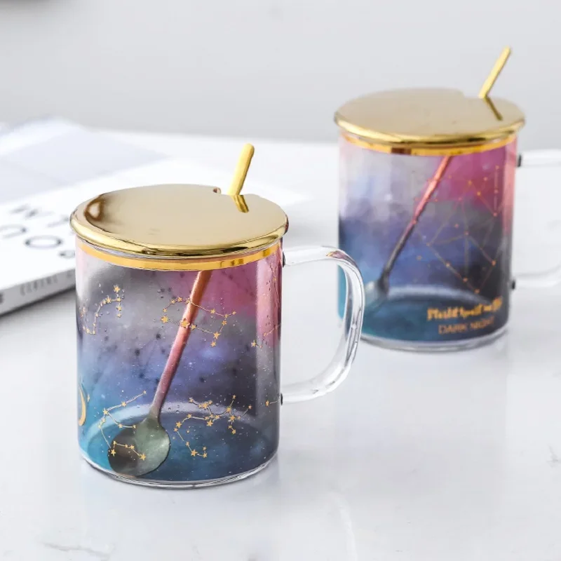 Change Colour Glass cup Cartoon Milk Mugs With Spoon & Cover Creativity Glass Mug Student Drinking Cup Starry sky Thermos