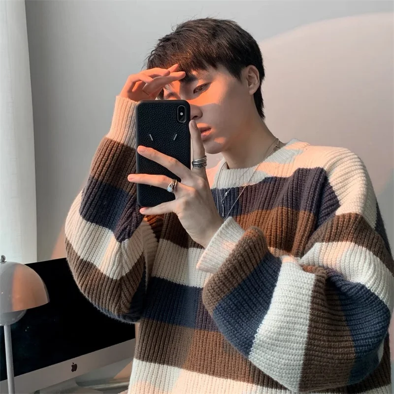 

Autumn Winter Men's Loose Casual Round Neck Thickened Sweater Fashion Contrasting Color Stripe Handsome Versatile Knitwear