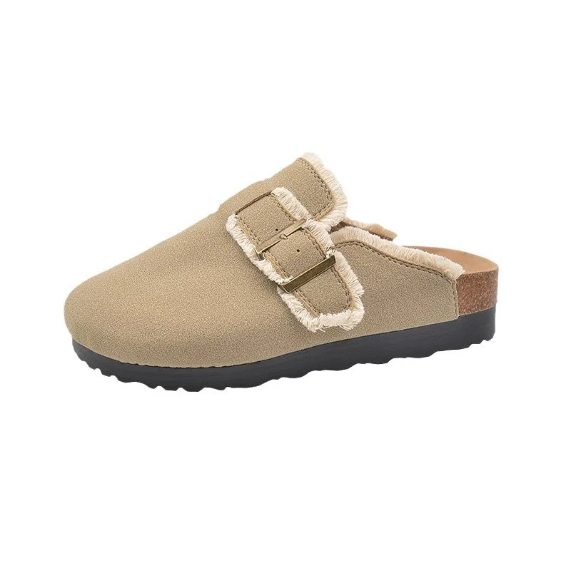 2025 Women's Baotou Slippers Spring New Fashion Round Head Suede Rivets Metal Buckle Anti-slip Wear-resistant Flat Shoes