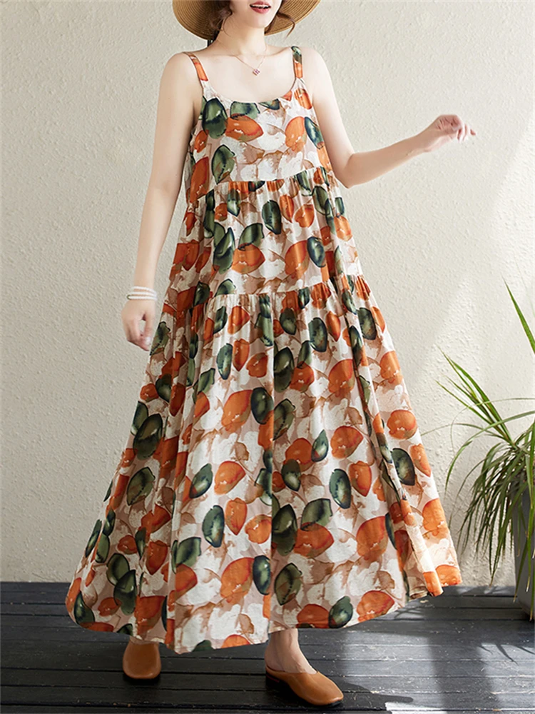 

Cotton Vintage Spaghetti Strap Sleeveless Dresses For Women 2024 New Summer Casual Long Holiday Beach Dress Femme Robe Clothing