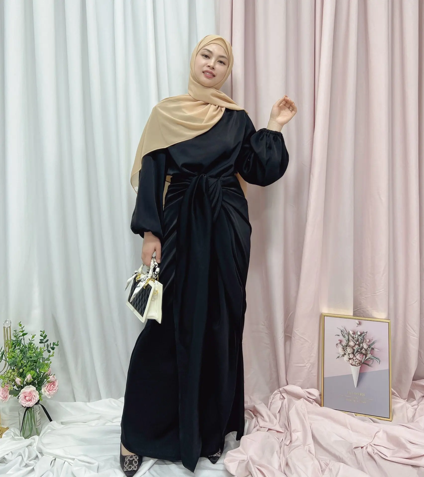 Siskakia Solid Satin Wrap Maxi Dress for Women Muslim Dubai Morocco Turkey O Neck Long Sleeve Ramadan Clothes 2pcs Set Eid White
