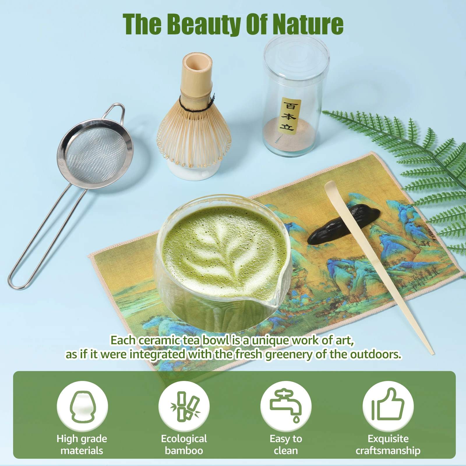 7Pcs Matcha Starter Set Japanese Handmade Matcha Teaset Gift Box with Glass Bowl Bamboo Spoon Ceramic Whisk Holder and Sieve