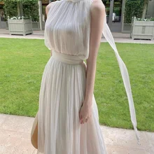 Women's  2022 Spring And Summer New Style Gentle Elegant Long Skirt High Collar Sleeveless Fashion Sexy Dress