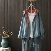 Large size blouses for women autumn spring hooded long sleeve single-breasted shirts adjustable women's clothing - Image 4