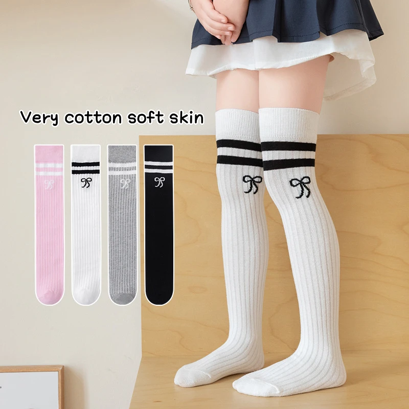 Children's Long Socks Spring and Summer Girls' Bow Princess Skirt Paired with Knee High Sock Striped High Tube Cotton Socks 40CM cotton knee socks,knee length socks