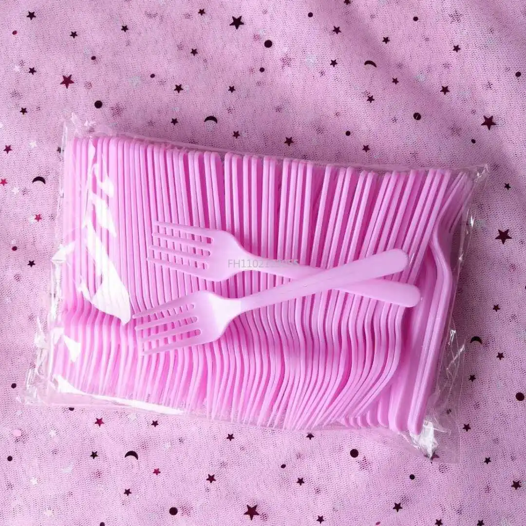 100Pc/pack Long Handle Fork Reusable Plastic Disposable Forks Party Picnic Pack Tableware Birthday Party Cake Fruit Dessert Fork