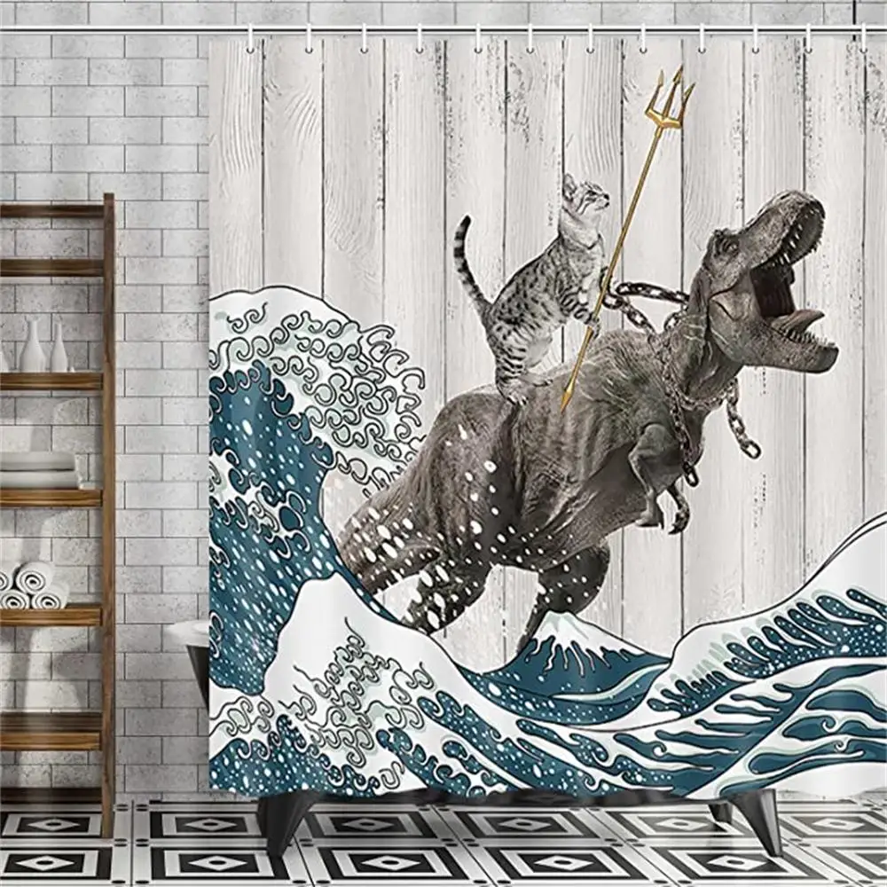 Funny Cat Shower Curtain Cool Cat Dinosaur Japanese Ocean Wave Decor Fabric Bathroom Curtains Kids Rustic Wooden Bath Curtain Shower Curtains