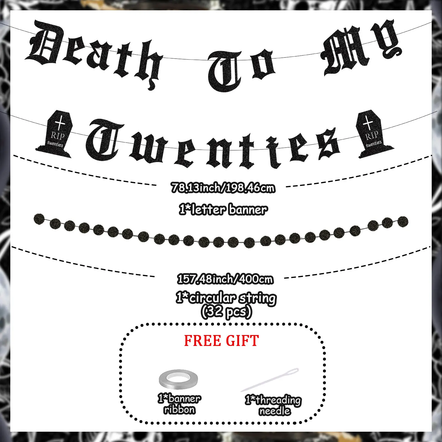 30th Rip 20s Birthday Decor for Women Black Glitter Death to My Twenties Banner Black Circle Dot Garland for Women Funeral 30th