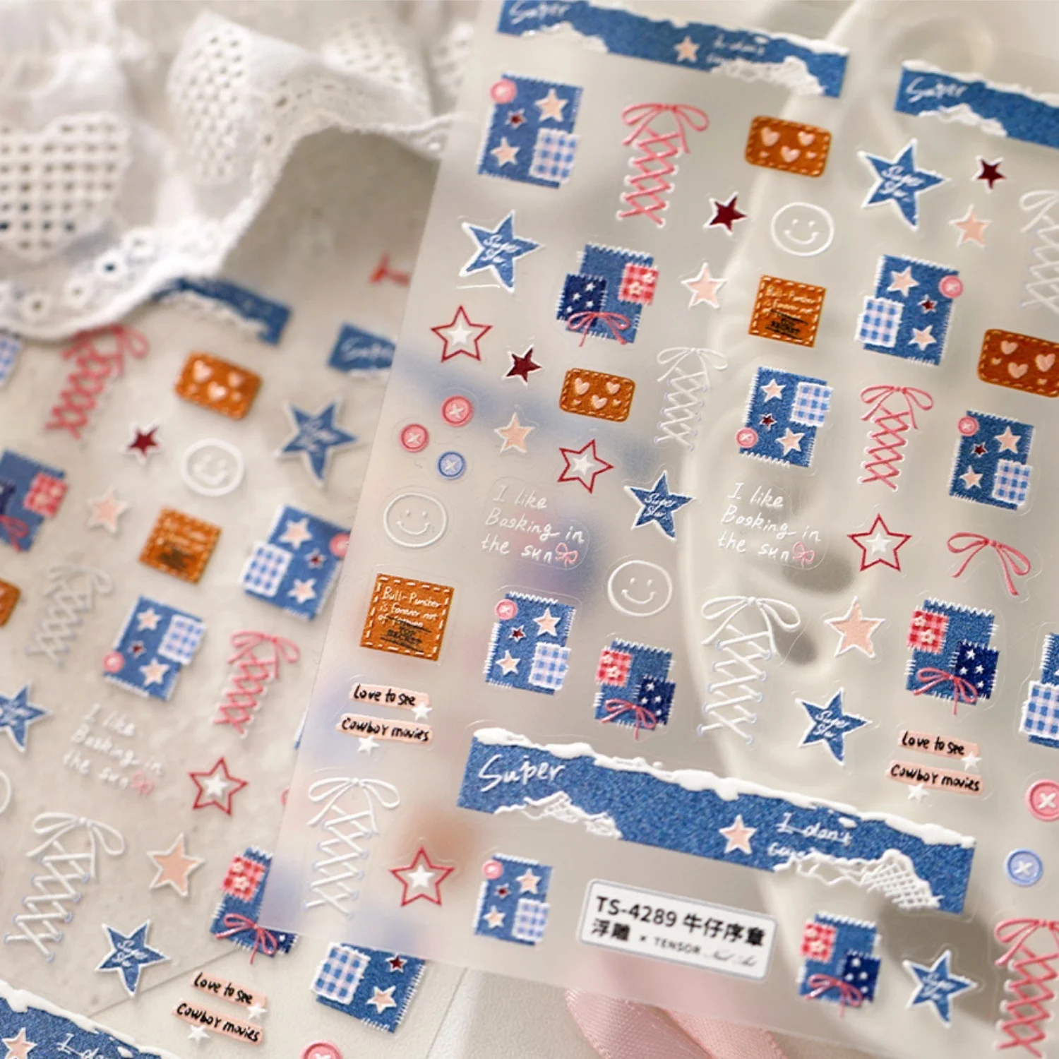 Autocollants 5D en jean à motif écossais pour nail art, patchs texturés en tissu, motifs cœur, nœud, étoile, sourire, décalcomanies en jean gaufré, auto-adhésifs, pour manucure rétro 1