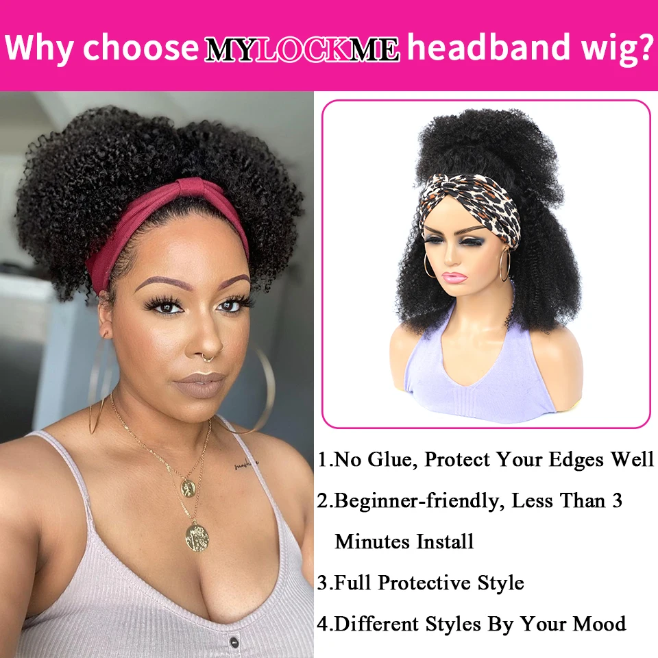 Headband Hair Woman Afro Kinky Curly Wig 200% High Denisty Brazilian Remy Hair Fast-Installing Full Machina Natural MYLOCKME human hair wigs