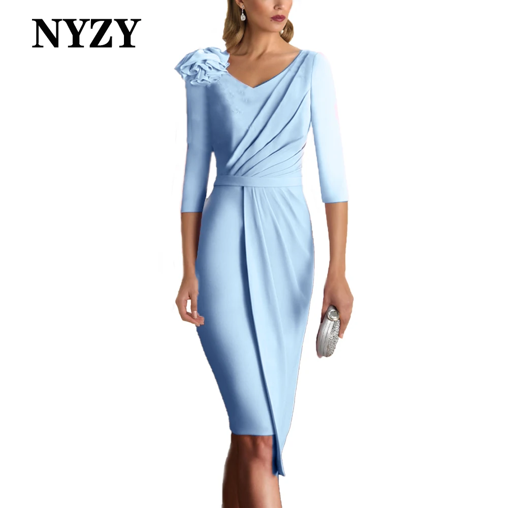 

NYZY M407A Chiffon V-neck Sky Blue Short Mother of the Bride Dresses with Sleeves 2024 Church Party Guest Wear Cocktail Gowns