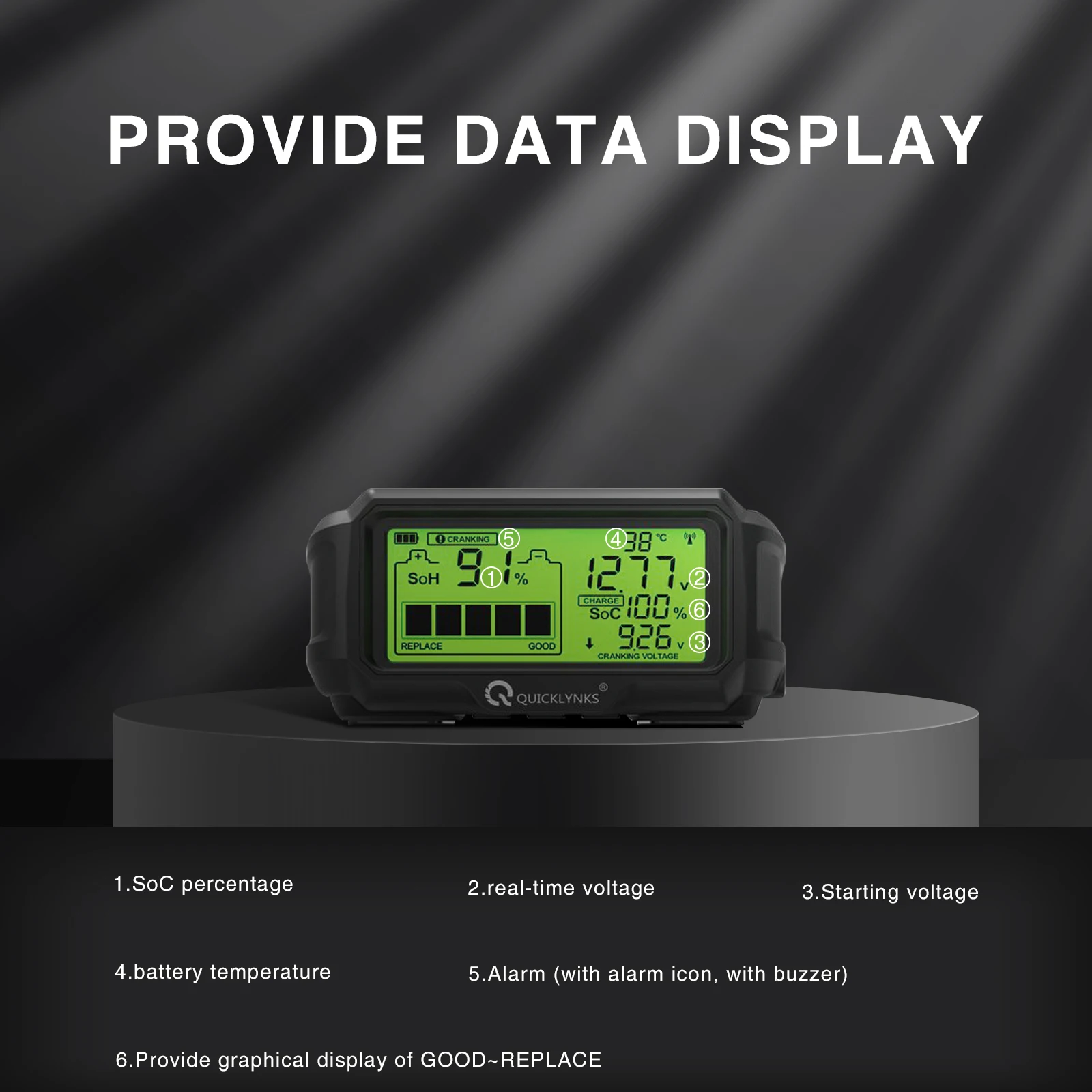 12V QUICKLYNKS Car Battery Tester Monitor Head Up LED Display Battery BM5-D Health Charging Tester Tool for Cars/Trucks/ Motors